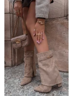 Zateplené dámské kotníkové boty na podpatku s ozdobným páskem khaki Luvielle