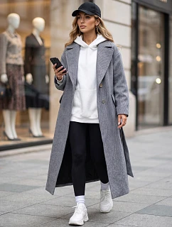 Dlouhý dámský kabát s páskem, mezisezónní, tmavě modrý, FashionStreet NY0775
