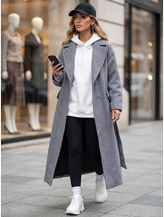 Dlouhý dámský kabát s páskem, mezisezónní, tmavě modrý, FashionStreet NY0775 Dlouhý dámský kabát s páskem, mezisezónní, tmavě modrý, FashionStreet NY0775