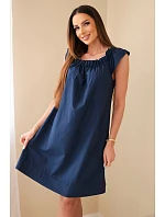 Dámské bavlněné šaty s řaseným výstřihem a volánkem námořnická modrá