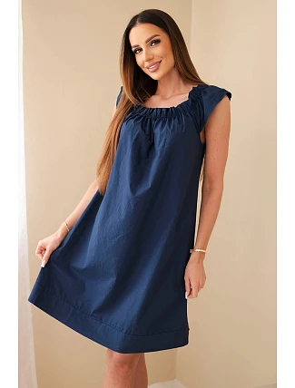 Dámské bavlněné šaty s řaseným výstřihem a volánkem námořnická modrá
