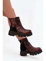 Kožené zateplené kotníkové boty na platformě a plochém podpatku Maciejka 06140-02 hnědé