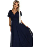 562-1 NASTIA Dlouhé šaty s výstřihem a krátkými rukávy - ZELENÉ