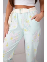 Dámské viskózové květované kalhoty s páskem mátové