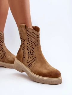 Zazoo Semišové dámské boty na plochém podpatku, prolamované, béžová