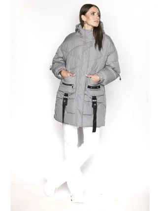 Šedá dámská péřová bunda s ozdobnými páskami (AG2-J85)
