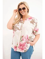 Dámská bavlněná halenka Plus Size s výstřihem do V s květinovým vzorem béžová Dámská bavlněná halenka Plus Size s výstřihem do V s květinovým vzorem béžová