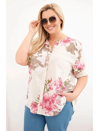 Dámská bavlněná halenka Plus Size s výstřihem do V s květinovým vzorem béžová Dámská bavlněná halenka Plus Size s výstřihem do V s květinovým vzorem béžová