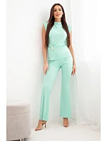 Dámský komplet s nařasenou halenkou a širokými kalhotami mentolový