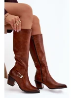 Kožené Kozačky Na Podpatku S Přezkou Zateplené Zazoo 70156 Hnědé