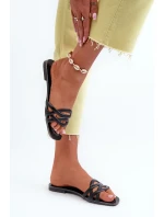 Dámské pantofle z eko kůže na plochém podpatku, černá, Moldela Dámské pantofle z eko kůže na plochém podpatku, černá, Moldela