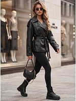 Dámská dvouřadá bunda z ekokůže s páskem, černá, FashionStreet TY5911