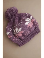 Dámská zimní čepice z vlny s motivem sněhových vloček a bambulí K457 světle fialová