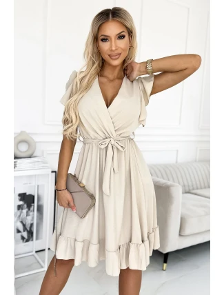 455-1 Šaty CORNELIA s volánem, výstřihem a zavazováním - BEACH