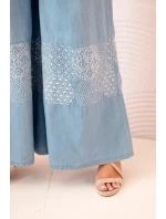 Dámské kalhoty Plus Size se širokými nohavicemi a etnickou výšivkou světle džínové