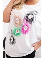 Dámská bavlněná halenka Plus Size s motivem peří bílá + růžová