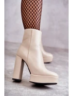 Hladké Kožené Botičky Na podpatku Béžove Kaysa
