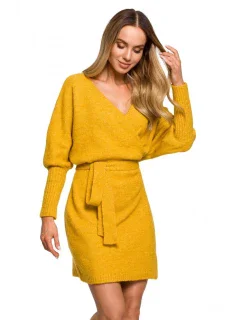 M631 Zavinovací svetrové šaty s vázáním - medové