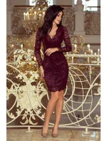 Dámské krajkové šaty v tmavě švestkové barvě s dlouhými rukávy a výstřihem 170-10 Dámské krajkové šaty v tmavě švestkové barvě s dlouhými rukávy a výstřihem 170-10