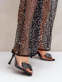 Průhledné Sandály Na Jehlovém Podpatku S Lesklou Mašlí Černé Viosta