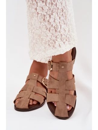 Dámské nazouváky na ploché podrážce s pásky a zlatou sponou Bežové Elzora