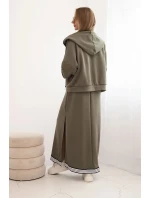 Dámský komplet s viskózou s rozepínací mikinou a dlouhou sukní khaki
