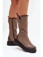 Dámské kožené kozačky Zazoo s vlnou – tmavě béžové