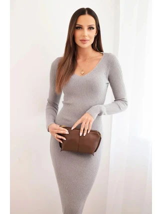 Dámská pruhovaná šaty s výstřihem do V a dlouhým rukávem šedá