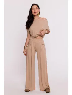 B289 Kalhoty z viskózy s elastickým pasem - cappuccino