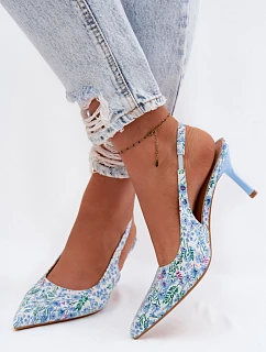 Ozdobené dámské sandály na jehlovém podpatku s květinovým vzorem modré Olivelle