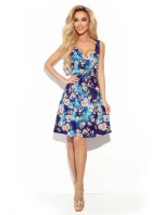 Dámské trapézové šaty s výstřihem a vzorem růžových květů na tmavě modrém pozadí 377-2