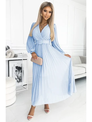 414-10 KLARA plisované šaty s páskem a výstřihem - MODRÉ