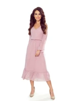 Dámské šifonové midi šaty ve špinavě růžové barvě s výstřihem a volánkem 304-1