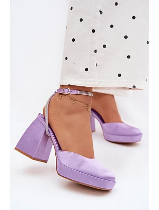 Dámské sandály s masivním podpatkem typu sloupek s páskem a kamínky Fialové Seraphina