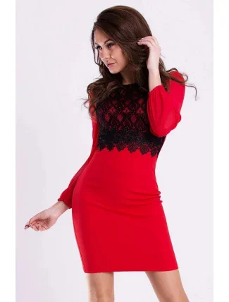 Dámské společenské šaty EMAMODA s dlouhými rukávy červeno-černé - Červená / L - EMAMODA