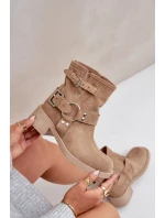 Semišové dámské kotníkové boty na nízkém blokovém podpatku s pásky Zazoo 3644 béžové