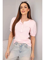 Dámská bavlněná žebrovaná halenka s nadýchaným rukávem a knoflíčky cukrově růžová