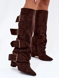 Dámské kozačky na podpatku s ohnutým horním lemem a zlatými sponami Eco semiš čokoládové Isavelle