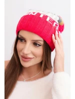 Dámská zimní čepice s vlnou a nápisem s velkým bambulí K422 fuchsie