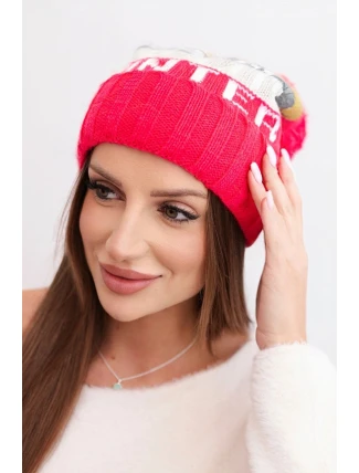 Dámská zimní čepice s vlnou a nápisem s velkým bambulí K422 fuchsie