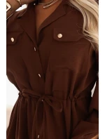 651-1 Šaty midi s knoflíky a páskem - čokoládové