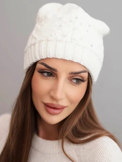 Dámská zimní čepice s vlnou a ozdobným pletením s perličkami K470 ecru