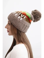 Dámská zimní čepice s vlnou a nápisem s velkým bambulí K422 cappuccino