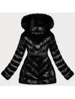 Černá lesklá zimní bunda s mechovitou kožešinovou podšívkou (w673)