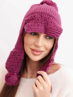 Dámská zimní čepice s vlnou s kšiltem a bambulemi K475 tmavě fialová
