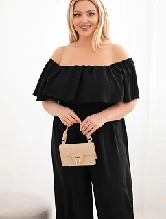 Dámský overal Plus Size s odhalenými rameny, volánem a širokými nohavicemi černý