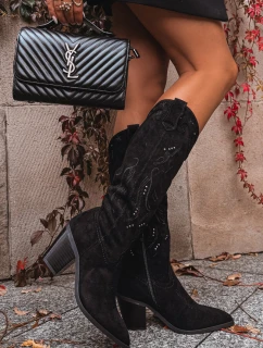 Dámské kozačky s podpatkem z eko semiše Černé Coretta