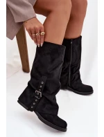 Ženské kozačky s našpulenou vrchní částí a přezkou Černé Ophelis