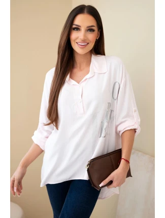 Dámská viskózová blůza s límečkem a potiskem s kamínky cukrově růžová