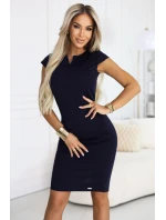 608-2 Smyslné tužkové šaty s krátkými rukávy a ozdobným výstřihem - tmavě modré 608-2 Smyslné tužkové šaty s krátkými rukávy a ozdobným výstřihem - tmavě modré